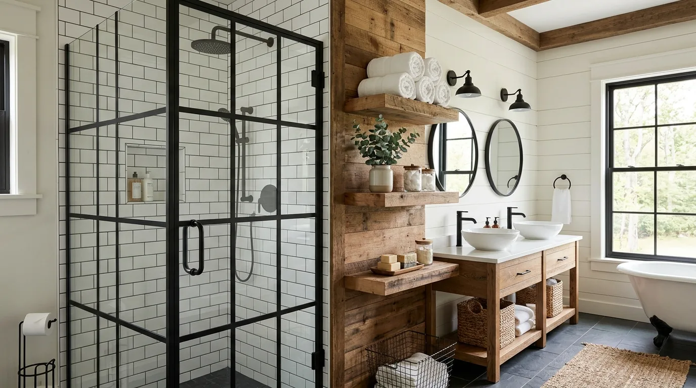 Mix black hardware with softer finishes inspiration for a modern farmhouse bathroom.